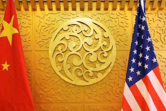 Chinese and U.S. flags are set up for a meeting during a visit by U.S. Secretary of Transportation Elaine Chao at China's Ministry of Transport in Beijing, China April 27, 2018. Picture taken April 27, 2018. REUTERS/Jason Lee