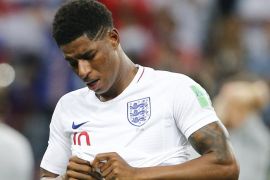Croatia v England : Semi Final - 2018 FIFA World Cup- - MOSCOW, RUSSIA - JULY 11: Marcus Rashford of England reacts after the 2018 FIFA World Cup Russia Semi Final match between England and Croatia at Luzhniki Stadium on July 11, 2018 in Moscow, Russia. Croatia have advanced to their first ever World Cup final after beating England 2-1.