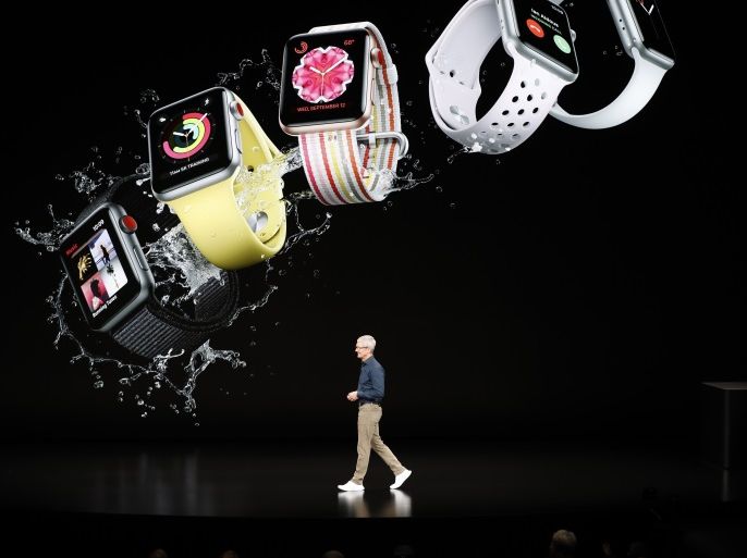Tim Cook, CEO of Apple, introduces the new Apple watch at an Apple Inc product launch event at the Steve Jobs Theater in Cupertino, California, U.S., September 12, 2018. REUTERS/Stephen Lam