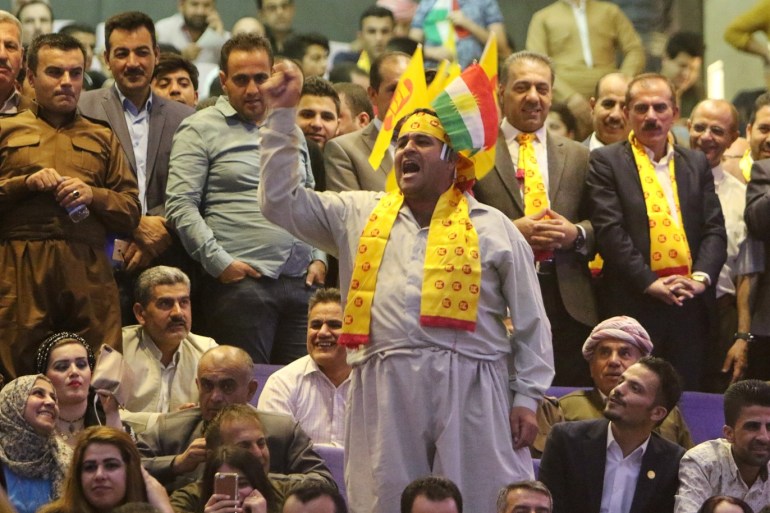 Supporters of Former Iraqi Kurdistan region's President Masoud Barzani, shout slogans ahead of regional elections in Erbil, Iraq September 11, 2018. REUTERS/Azad Lashkari