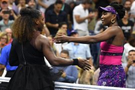 NEW YORK, NY - AUGUST 31: Serena Williams of The United States is congratulated by her sister and opponant Venus Williams of The United States following their ladies singles third round match on Day Five of the 2018 US Open at the USTA Billie Jean King National Tennis Center on August 31, 2018 in the Flushing neighborhood of the Queens borough of New York City. Sarah Stier/Getty Images/AFP== FOR NEWSPAPERS, INTERNET, TELCOS & TELEVISION USE ONLY ==