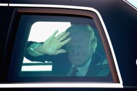 MILWAUKEE, WI - JUNE 13: (One of a 115-image Best of Year 2017 set) U.S. President Donald Trump waves to guests as he leaves General Mitchell International Airport on June 13, 2017 in Milwaukee, Wisconsin. Trump made brief remarks about healthcare before departing the airport for a tour and roundtable discussion at Waukesha County Technical College. Trump is also scheduled to attend a fundraiser with Wisconsin Governor Scott Walker while in Milwaukee. Scott Olson/Getty Images/AFP== FOR NEWSPAPERS, INTERNET, TELCOS & TELEVISION USE ONLY ==
