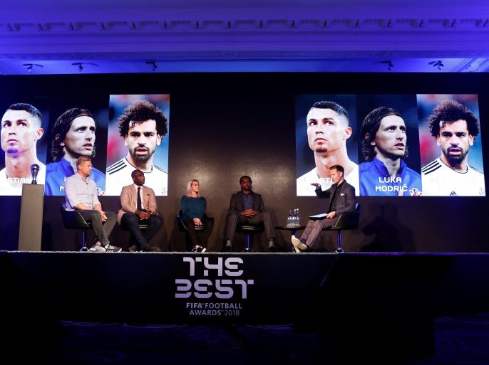 Soccer Football - The Best FIFA Football Awards 2018 finalists announcement - London, Britain - September 3, 2018 Former players Peter Schmeichel, Sol Campbell, Kelly Smith and Kanu on stage during the announcement Action Images via Reuters/Matthew Childs
