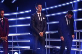 LONDON, ENGLAND - OCTOBER 23: Lionel Messi, Cristiano Ronaldo and Neymar are named in The Fifa FifPro World XI during The Best FIFA Football Awards Show on October 23, 2017 in London, England. (Photo by Michael Steele/Getty Images)