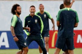 Soccer Football - World Cup - Brazil Training - Brazil Training Camp, Kazan, Russia - July 5, 2018 Brazil's Neymar, Marcelo and Gabriel Jesus during training REUTERS/Toru Hanai