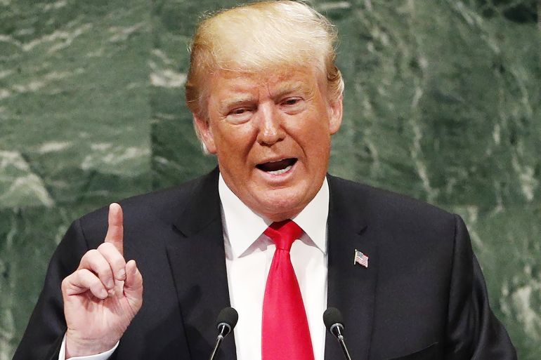 epa07045864 US President Donald Trump addresses the General Debate of the General Assembly of the United Nations at United Nations Headquarters in New York, New York, USA, 25 September 2018. The General Debate of the 73rd session begins on 25 September 2018. EPA-EFE/JUSTIN LANE