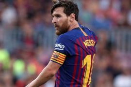 Soccer Football - La Liga Santander - FC Barcelona v SD Huesca - Camp Nou, Barcelona, Spain - September 2, 2018 Barcelona's Lionel Messi celebrates scoring their sixth goal REUTERS/Albert Gea