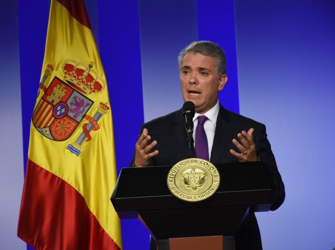 Ivan Duque - Pedro Sanchez press conference in Bogota- - BOGOTA, COLOMBIA - AUGUST: 30: President of Colombia Ivan Duque and President of Spain Pedro Sanchez (not seen) hold a joint press conference at Casa de Narino, in Bogota, Colombia on August 30, 2018.