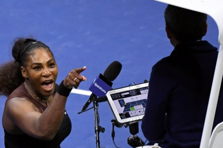 Sep 8, 2018; New York, NY, USA; Serena Williams of the United States yells at chair umpire Carlos Ramos in the women's final against Naomi Osaka of Japan on day thirteen of the 2018 U.S. Open tennis tournament at USTA Billie Jean King National Tennis Center. Mandatory Credit: Danielle Parhizkaran-USA TODAY SPORTS TPX IMAGES OF THE DAY