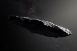 This artist’s impression shows the first interstellar asteroid, `Oumuamua as it passes through the solar system after its discovery in October 2017. European Southern Obervatory/M. Kornmesser/Handout via REUTERS ATTENTION EDITORS - THIS IMAGE WAS PROVIDED BY A THIRD PARTY