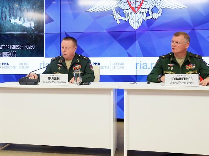 Chief of the directorate of media service and information of the Russian Defence Ministry, Major-General Igor Konashenkov (R) and head of the Main Missile and Artillery Directorate of the Russian Defence Ministry Lieutenant-General Nikolai Parshin attend a news conference, dedicated to the crash of the Malaysia Airlines Boeing 777 plane operating flight MH17 downed in eastern Ukraine in 2014, in Moscow, Russia September 17, 2018. REUTERS/Maxim Shemetov