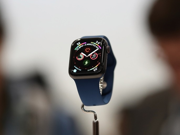 CUPERTINO, CA - SEPTEMBER 12: The new Apple Watch Series 4 is displayed during an Apple special event at the Steve Jobs Theatre on September 12, 2018 in Cupertino, California. Apple released three new versions of the iPhone and an update Apple Watch. Justin Sullivan/Getty Images/AFP== FOR NEWSPAPERS, INTERNET, TELCOS & TELEVISION USE ONLY ==