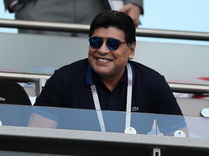 KAZAN, RUSSIA - JUNE 30: Diego Armando Maradona reacts prior to the 2018 FIFA World Cup Russia Round of 16 match between France and Argentina at Kazan Arena on June 30, 2018 in Kazan, Russia. (Photo by Kevin C. Cox/Getty Images)