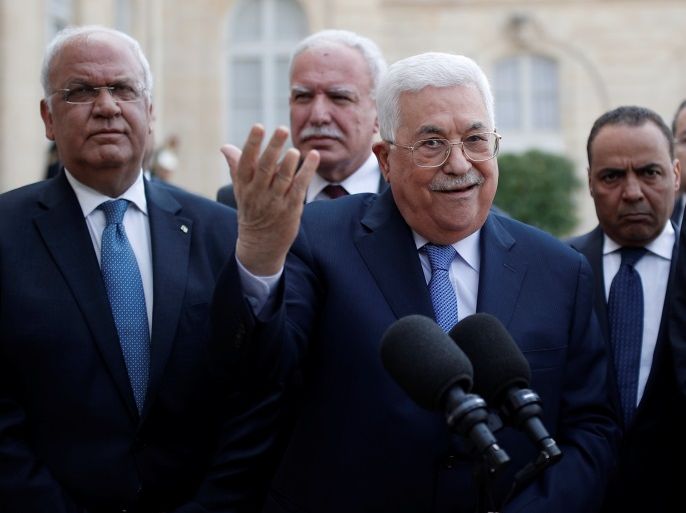 Palestinian President Mahmoud Abbas reacts as he speaks to journalists after a meeting at the Elysee Palace in Paris, France, September 21, 2018. REUTERS/Benoit Tessier