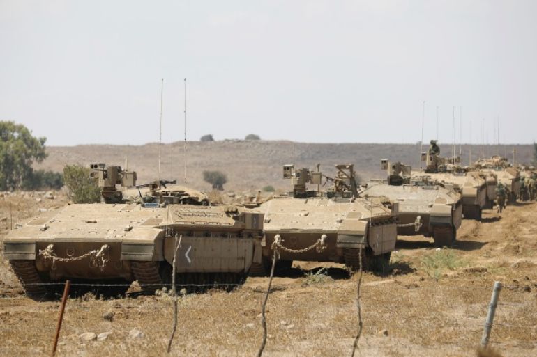 Israeli armoured vehicles take part in a army drill after the visit of Israeli Defence Minister Avigdor Lieberman in the Israeli-occupied Golan Heights, Israel, August 7, 2018. REUTERS/Amir Cohen