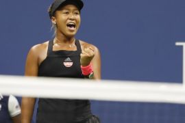 Sep 8, 2018; New York, NY, USA; Naomi Osaka of Japan reacts after winning a point against Serena Williams of the United States (not pictured) in the women's final on day thirteen of the 2018 U.S. Open tennis tournament at USTA Billie Jean King National Tennis Center. Mandatory Credit: Geoff Burke-USA TODAY Sports