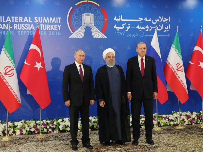 President Vladimir Putin of Russia, Hassan Rouhani of Iran and Tayyip Erdogan of Turkey meet in Tehran, Iran September 7, 2018. Sputnik/Mikhail Klimentyev/Kremlin via REUTERS ATTENTION EDITORS - THIS IMAGE WAS PROVIDED BY A THIRD PARTY.