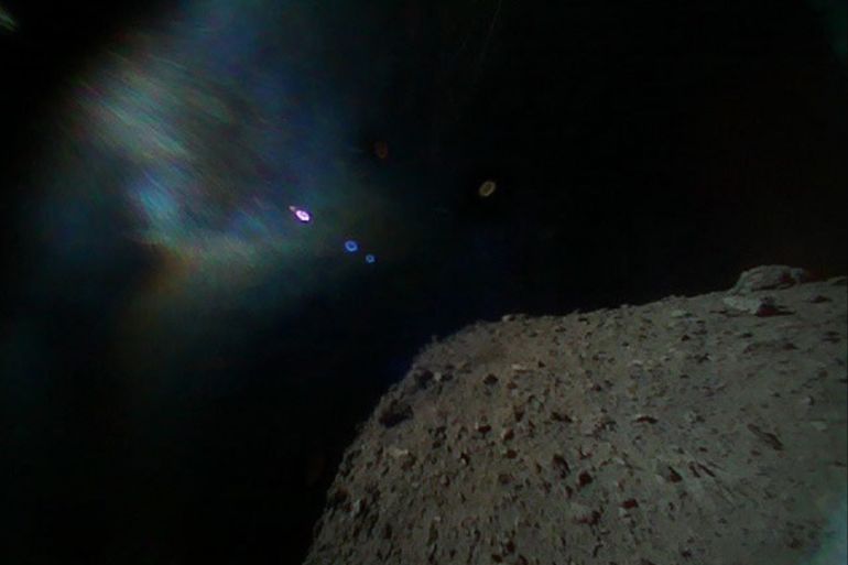 The MINERVA-II1B rover captured this view of asteroid Ryugu on Sept. 21, 2018 shortly after separating from the Japan Aerospace Exploration Agency's Hayabusa2 spacecraft. The asteroid appears at lower right.