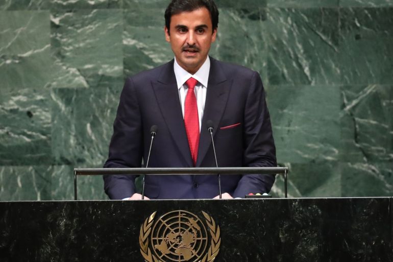 Qatar's Emir Sheikh Tamim bin Hamad Al -Thani addresses the 73rd session of the United Nations General Assembly at U.N. headquarters in New York, U.S., September 25, 2018. REUTERS/Carlo Allegri