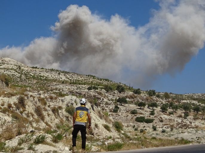 Russian fighter jets hit targets in Syria’s Idlib- - IDLIB, SYRIA - SEPTEMBER 4: Smoke rises after Russian warplanes hit many civilian residential areas in Jisr al-Shughur City; areas of Basanqul, Ghani, Innab, Sirmaniyah, west of Idlib and the frontlines of the opposition in Syria’s northwestern Idlib province on September 4, 2018.