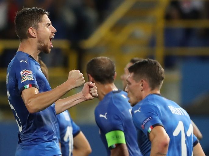BOLOGNA, ITALY - SEPTEMBER 07: Jorginho of Italy celebrates after scoring the equalizer during the UEFA Nations League A group three match between Italy and Poland at Stadio Renato Dall'Ara on September 7, 2018 in Bologna, Italy. (Photo by Marco Luzzani/Getty Images)