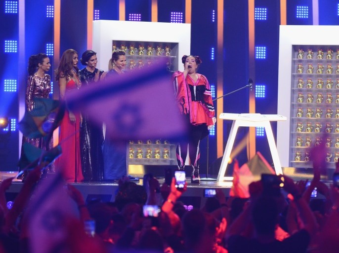 LISBON, PORTUGAL - MAY 12: Netta Barzilai (C) representing Israel, wins the Grand Final of the 2018 Eurovision Song Contest at Altice Arena on May 12, 2018 in Lisbon, Portugal. (Photo by Pedro Gomes/Getty Images)