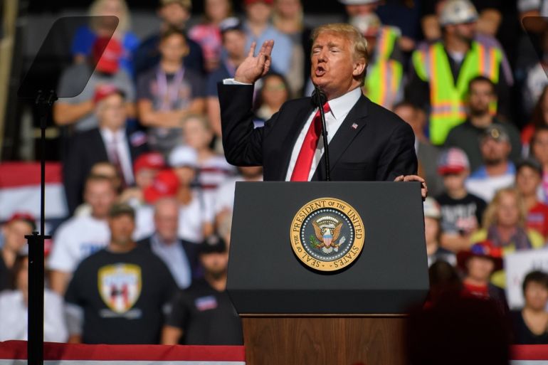 WHEELING, WV - SEPTEMBER 29: President Donald J. Trump speaks to supporters at his rally inside the WesBanco Arena on September 29, 2018 in Wheeling, West Virginia. Jeff Swensen/Getty Images/AFP== FOR NEWSPAPERS, INTERNET, TELCOS & TELEVISION USE ONLY ==