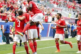 HARRISON, NJ - JULY 28: Alejandro Grimaldo #3 of Benfica celebrates scoring a goal with teammates against Juventus during the International Champions Cup 2018 match between Benfica and Juventus at Red Bull Arena on July 28, 2018 in Harrison, New Jersey. Adam Hunger/Getty Images/AFP== FOR NEWSPAPERS, INTERNET, TELCOS & TELEVISION USE ONLY ==