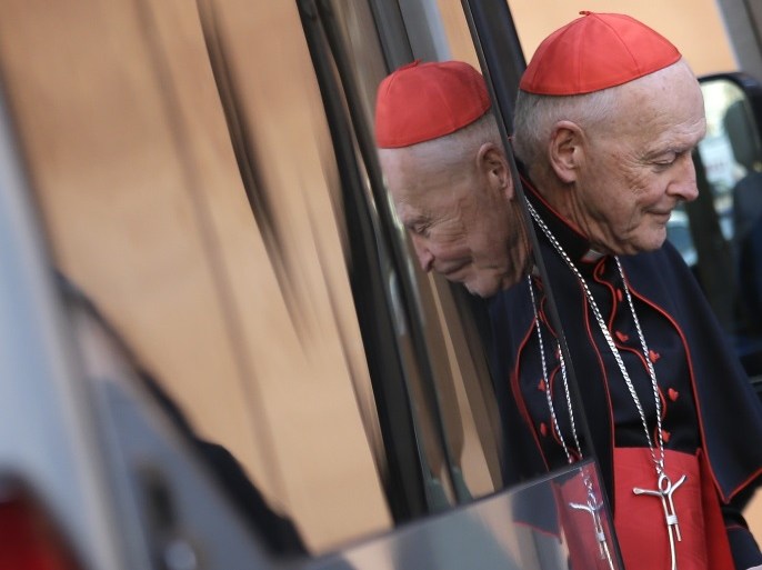U.S. Cardinal Theodore Edgar McCarrick arrives for a meeting at the Synod Hall in the Vatican March 4, 2013. Preparations for electing Roman Catholicism's new leader begin in earnest on Monday as the College of Cardinals opens daily talks to sketch an identikit for the next pope and ponder who among them might fit it. The idea is to have the new pope elected during next week and officially installed several days later so he can preside over the Holy Week ceremonies sta