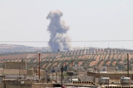 Russia and Assad Regime continue to hit Syria's Idlib- - IDLIB, SYRIA - SEPTEMBER 8: Smoke rises after war planes belonging to Assad Regime and Russia carried out airstrikes at the Khan Shaykhun district of Idlib, Syria on September 8, 2018.