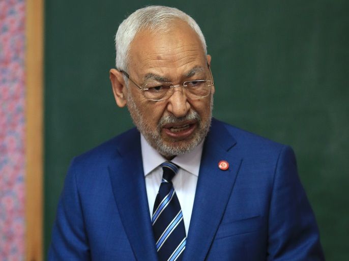 Tunisian local elections- - BEN AROUS, TUNISIA - MAY 06: Leader of Ennahdha Party Rachid al-Ghannouchi casts his vote at a polling station during Tunisian local elections, which was held first time after 2011 Arab Spring revolution, in Ben Arous, Tunisia on May 06, 2018.