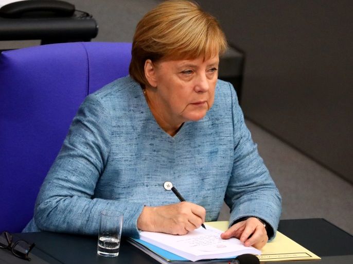 German Chancellor Angela Merkel attends the start of the 2019 budget debate at the lower house of parliament Bundestag in Berlin, Germany, September 11, 2018. REUTERS/Hannibal Hanschke