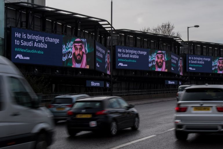 LONDON, ENGLAND - MARCH 07: Electronic billboards show adverts for Saudi Crown Prince Mohammed bin Salman with the hashtag '#ANewSaudiArabia' next to the A4 West Cromwell Road on March 7, 2018 in London, England. Saudi Crown Prince Mohammed bin Salman has made wide-ranging changes at home supporting a more liberal Islam. Whilst visiting the UK he will meet with several members of the Royal family and the Prime Minister. (Photo by Chris J Ratcliffe/Getty Images)