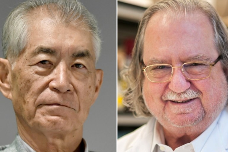 A combination photo shows Ph.D. James P. Allison of MD Anderson Cancer Center at The University of Texas in this picture obtained from MD Anderson Cancer Center at The University of Texas on October 1, 2018 (R) and Kyoto University Professor Tasuku Honjo in Kyoto, Japan in this photo taken by Kyodo September 17, 2018. Picture taken September 17, 2018. Mandatory credit Kyodo/MD Anderson Cancer Center at The University of Texas/Handouts via REUTERS ATTENTION EDITORS - THI