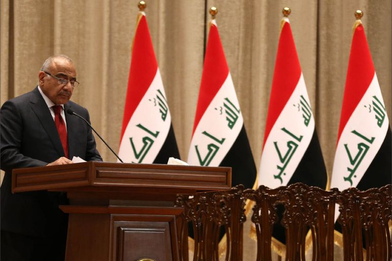 epa07117757 A handout picture released by Iraqi Parliament shows Iraqi Prime Minister Adel Abdul Mahdi reading the paragraphs of his government program during the session of Iraqi parliament in Baghdad, Iraq, 24 October 2018. The Iraqi parliament has failed to give the confidence to the government of Iraqi Prime Minister Adel Abdul-Mahdi, because of the dispute between the political blocs on the candidates for ministries, while the Iraqi paliament speaker postponed the session for eight days to give a chance to the political blocs to reach a settlement. EPA-EFE/IRAQI PARLIAMENT / HANDOUT HANDOUT EDITORIAL USE ONLY/NO SALES