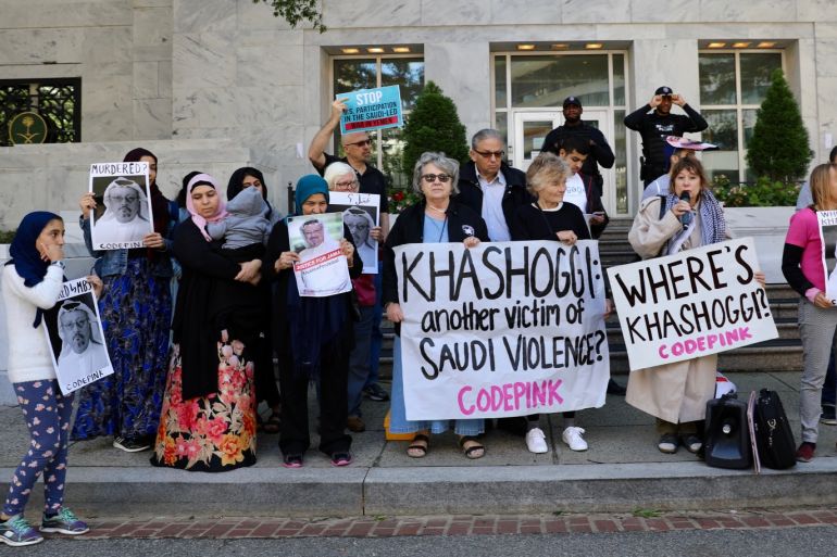 Demonstration for missing Saudi journalist Jamal Khashoggi in Washington- - WASHINGTON, UNITED STATES - OCTOBER 12 : A group of people hold pictures of missing Saudi journalist Jamal Khashoggi during a demonstration in front of the Embassy of Saudi Arabia in Washington on October 8, 2018.