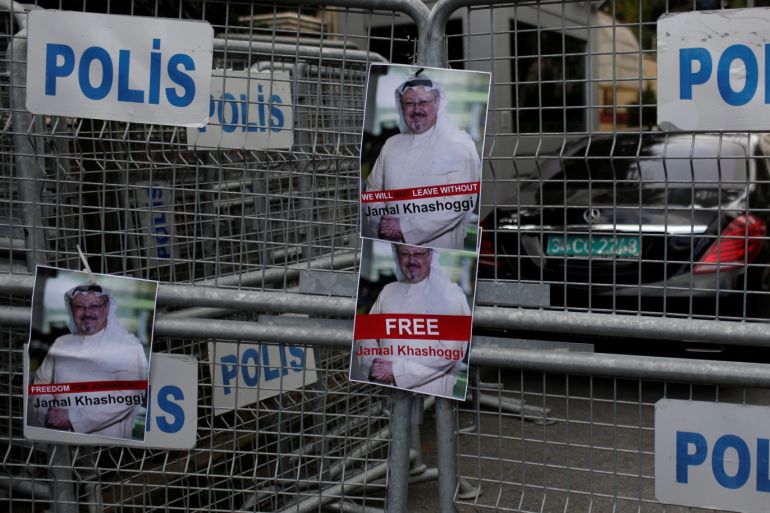 Pictures of Saudi journalist Khashoggi are placed on security barriers during a protest outside the Saudi Consulate in Istanbul, Turkey October 8, 2018. REUTERS/Murad Sezer