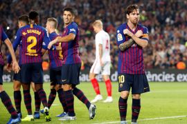 Soccer Football - La Liga Santander - FC Barcelona v Sevilla - Camp Nou, Barcelona, Spain - October 20, 2018 Barcelona's Lionel Messi celebrates scoring their second goal REUTERS/Albert Gea