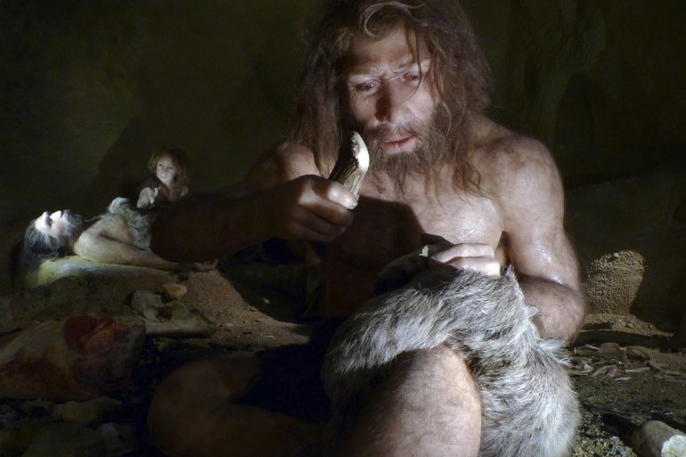 An exhibit shows the life of a neanderthal family in a cave in the new Neanderthal Museum in the northern town of Krapina February 25, 2010. The high-tech, multimedia museum, with exhibitions depicting the evolution from 'Big Bang' to present day, opens on February 27. REUTERS/Nikola Solic (CROATIA - Tags: SOCIETY)