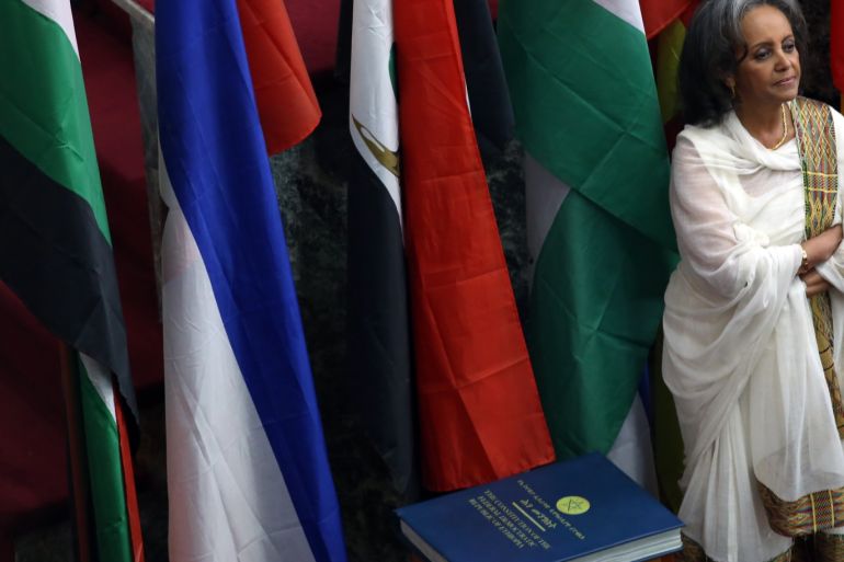 Sahle-Work Zewde becomes Ethiopia's first female president- - ADDIS ABABA, ETHIOPIA - OCTOBER 25 : Ethiopia's first female President Sahle-Work Zewde stands near book of the Constitution following the handover ceremony at the Parliament in Addis Ababa on October 25, 2018.