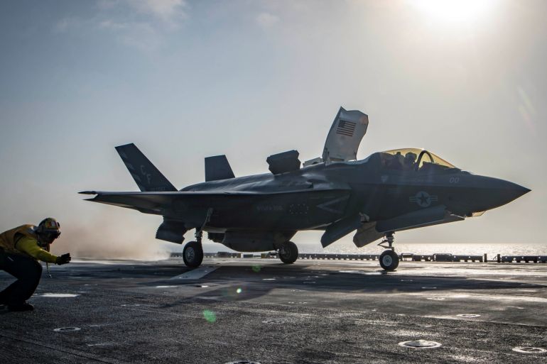 A F-35B Lightning II aircraft is launched aboard the amphibious assault ship USS Essex as part of the F-35B's first combat strike, against a Taliban target in Afghanistan, September 27, 2018. Mass Communication Specialist 3rd Class Matthew Freeman/U.S. Navy/Handout via REUTERS ATTENTION EDITORS - THIS IMAGE WAS PROVIDED BY A THIRD PARTY