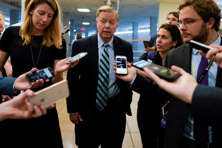 Sen. Lindsay Graham (R-SC) speaks with reporters ahead of the weekly policy luncheons on Capitol Hill in Washington, U.S., October 2, 2018. REUTERS/Aaron P. Bernstein