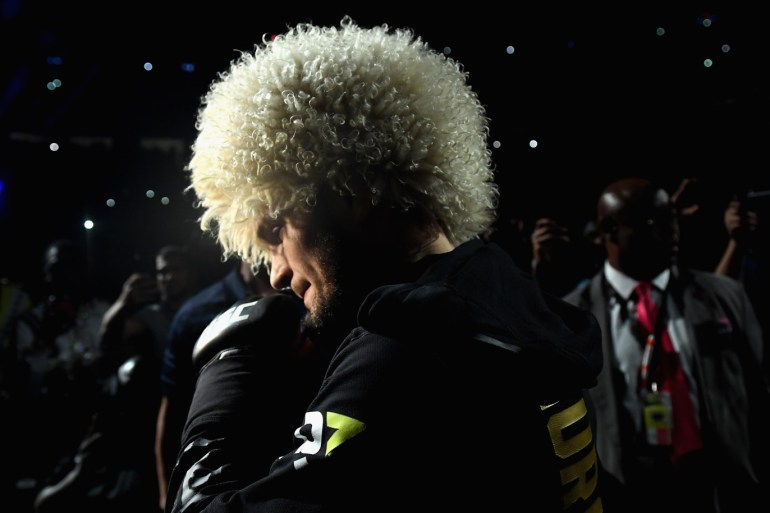 LAS VEGAS, NV - OCTOBER 06: Khabib Nurmagomedov of Russia makes his entrance before competing against Conor McGregor of Ireland in their UFC lightweight championship bout during the UFC 229 event inside T-Mobile Arena on October 6, 2018 in Las Vegas, Nevada. Harry How/Getty Images/AFP== FOR NEWSPAPERS, INTERNET, TELCOS & TELEVISION USE ONLY ==