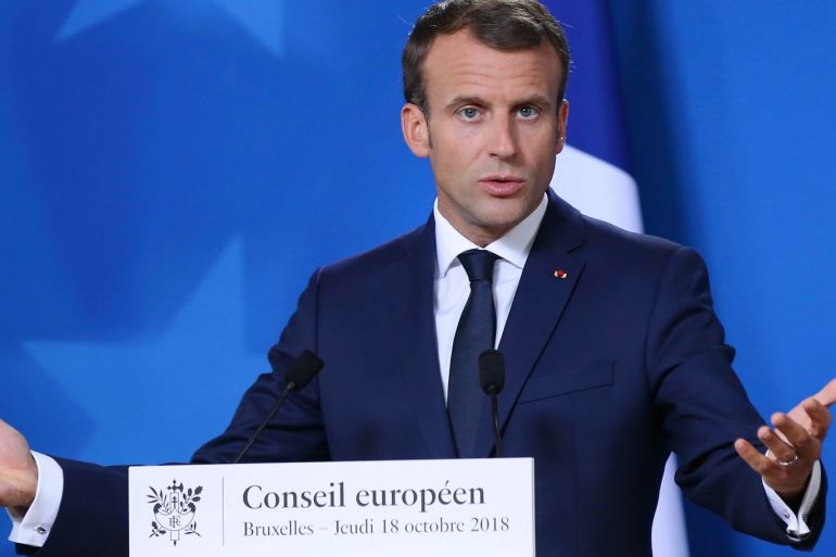 EU leaders meet for European Council summit- - BRUSSELS, BELGIUM - OCTOBER 18 : French President Emmanuel Macron holds a press conference after the second day of European Union leaders summit at the European Council in Brussels on October 18, 2018.