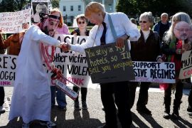 Activists dressed as Saudi Crown Prince Mohammad bin Salman and U.S. President Donald Trump shake hands during a demonstration calling for sanctions against Saudi Arabia and to protest the disappearance of Saudi journalist Jamal Khashoggi, outside the White House in Washington, U.S., October 19, 2018. REUTERS/Leah Millis