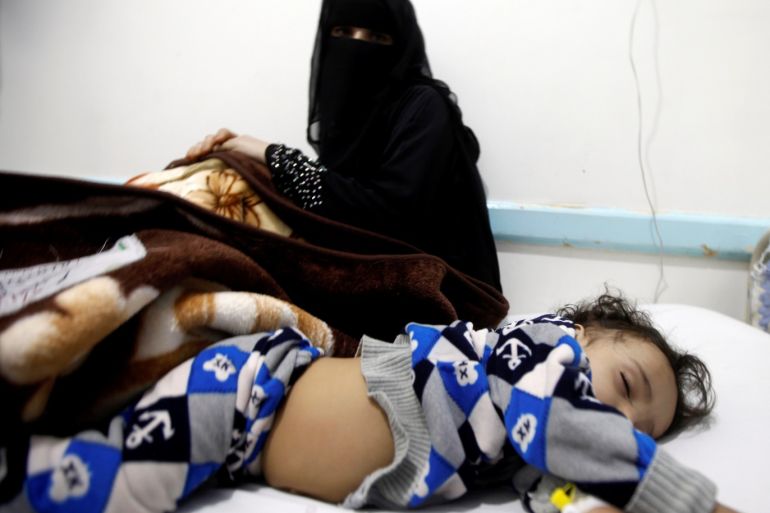 A Yemeni girl, cholera patient, lies in bed at the al-Sabeen hospital in Sanaa, Yemen October 11, 2018. REUTERS/Mohamed al-Sayaghi