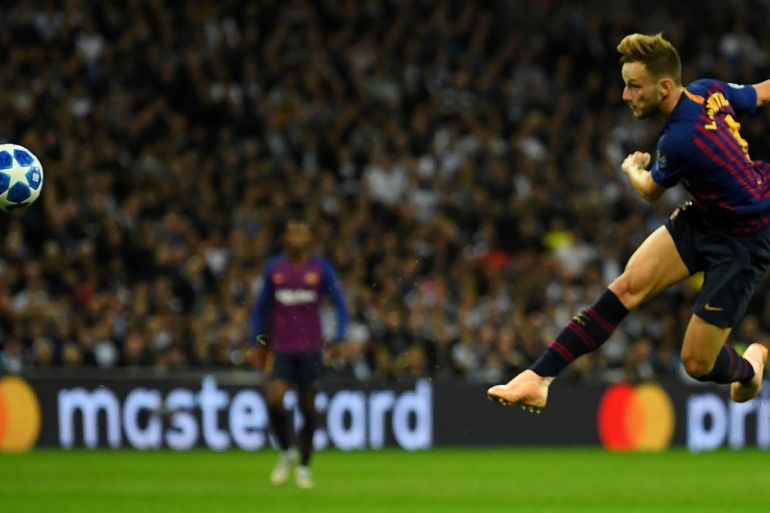 Soccer Football - Champions League - Group Stage - Group B - Tottenham Hotspur v FC Barcelona - Wembley Stadium, London, Britain - October 3, 2018 Barcelona's Ivan Rakitic scores their second goal REUTERS/Dylan Martinez TPX IMAGES OF THE DAY
