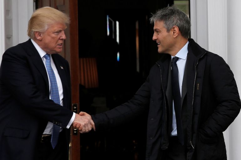 U.S. President-elect Donald Trump emerges with Ari Emanuel after their meeting in the main clubhouse at Trump National Golf Club in Bedminster, New Jersey, U.S., November 20, 2016. REUTERS/Mike Segar