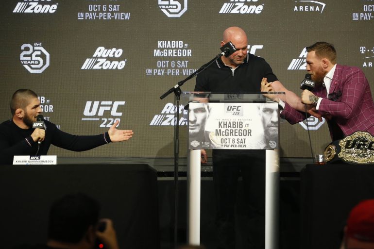 Sep 20, 2018; New York, NY, USA; Conor McGregor speaks to Khabib Nurmagomedov during a press conference for UFC 229 at Radio City Music Hall. Mandatory Credit: Noah K. Murray-USA TODAY Sports
