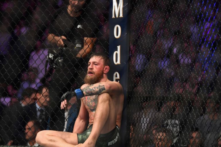 LAS VEGAS, NV - OCTOBER 06: Conor McGregor of Ireland is sits on the mat in the octagon after being defeated by Khabib Nurmagomedov of Russia by submission in their UFC lightweight championship bout during the UFC 229 event inside T-Mobile Arena on October 6, 2018 in Las Vegas, Nevada. Harry How/Getty Images/AFP== FOR NEWSPAPERS, INTERNET, TELCOS & TELEVISION USE ONLY ==